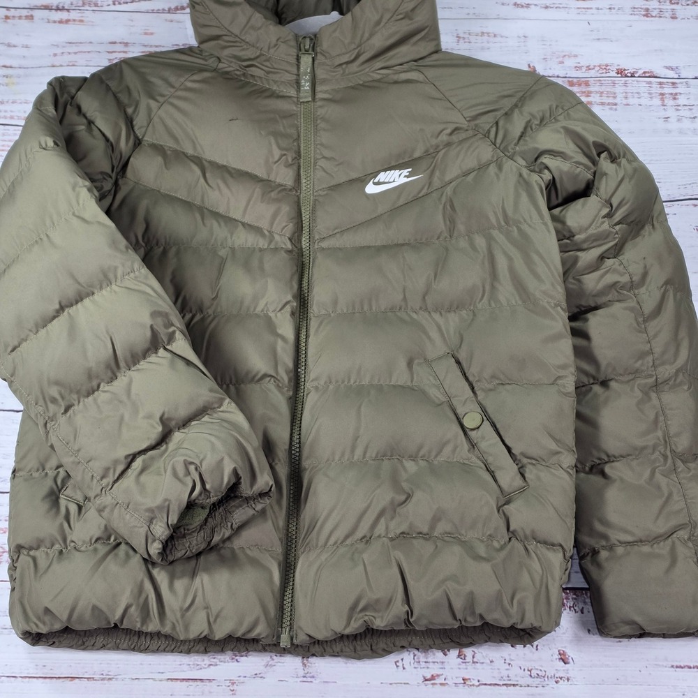 Nike Puffer Jacket Boy Large Olive Green Fair Hooded Chevron Quilt Coat Zip Logo
